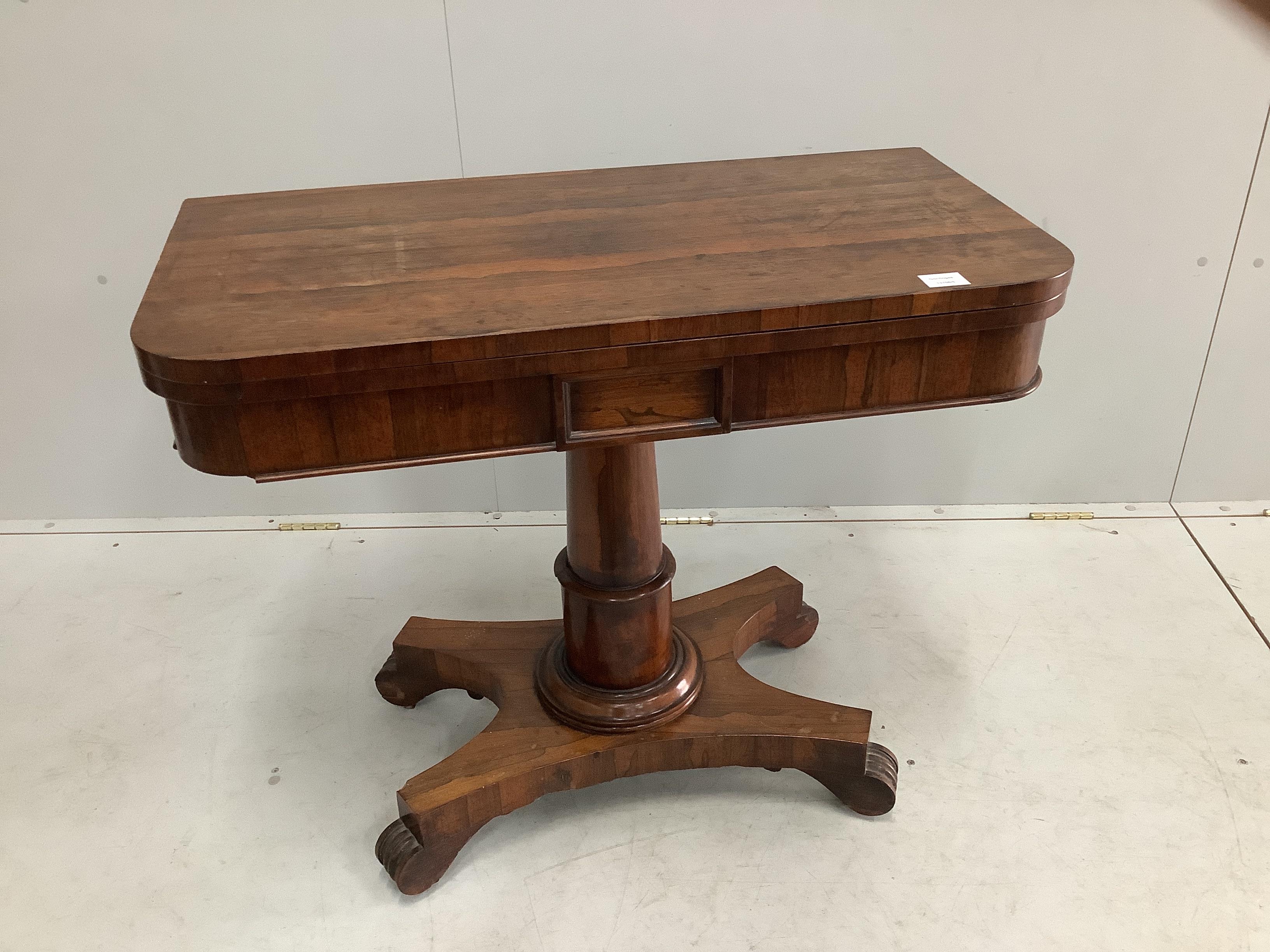 An early Victorian rectangular rosewood folding card table, width 90cm, depth 44cm, height 75cm. Condition - poor